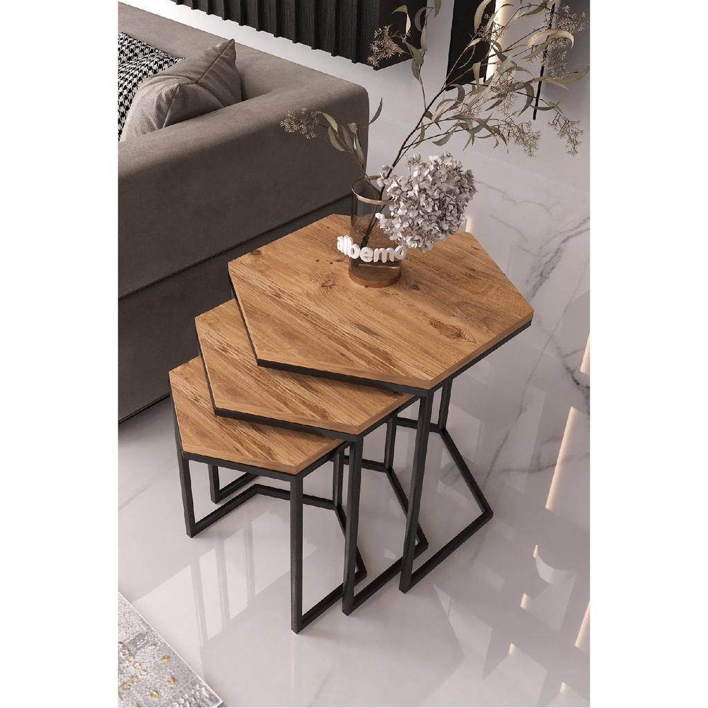 Master Hexagon Black Metal Black Glass 3-piece Nesting Table