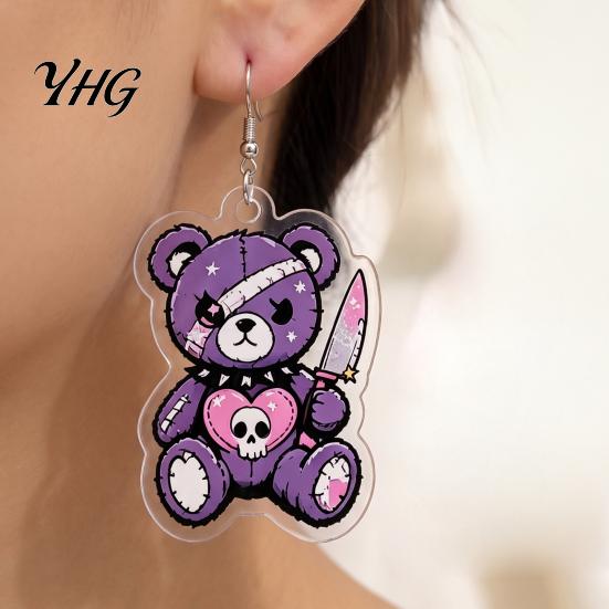 Alternative Fashion Accessories 1 Pair Halloween Dangle Earrings for Women, 2D Acrylic Cute Cool Punk Ear Hooks Skeleton Bear Earrings, Funny