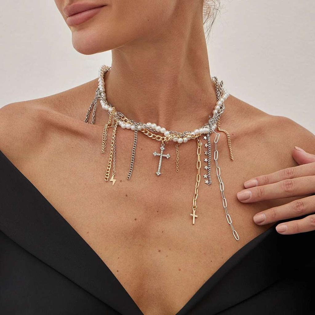 Ingemark Goth Tassel Link Pendant Choker Necklace for Women Trend 2026 Elegant Imitation Pearl Chain Wed Bridal Party Jewelry