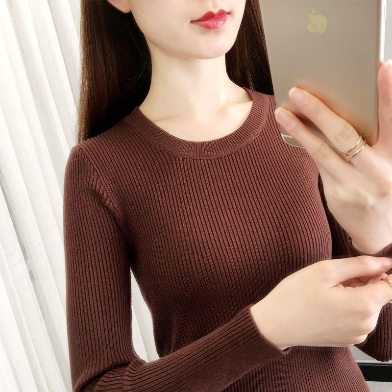 Women's Long Sleeve Knit Top Crew Neck Elegant Sweater Slim Fit Solid Color Undershirt