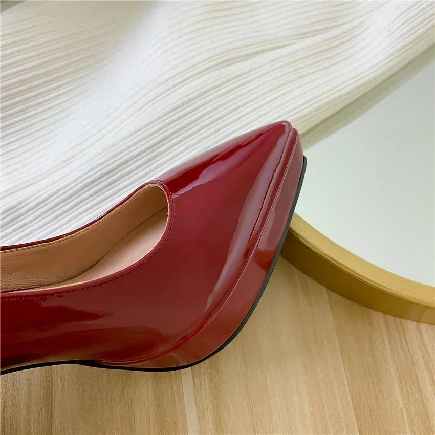 Women Platform Mary Janes Pointed Toe High Chunky Heels Pumps Office Party Dress Wedding Red White Ladies Patent Leather Elegant