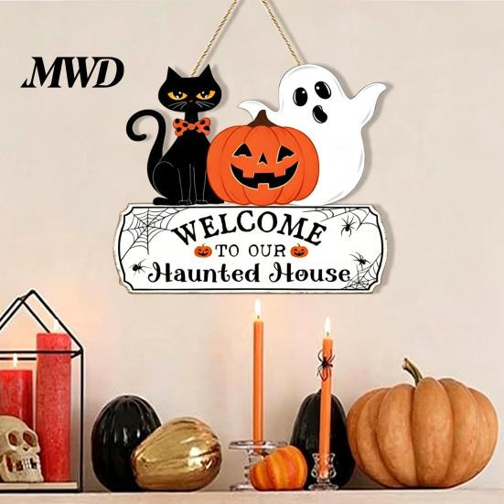 Wooden Welcome Sign Halloween Wood Door Sign, Pumpkin Ghost Black Cat Hanging Decor for Seasonal Plaque Front Door, Rustic Farmhouse Wall Art