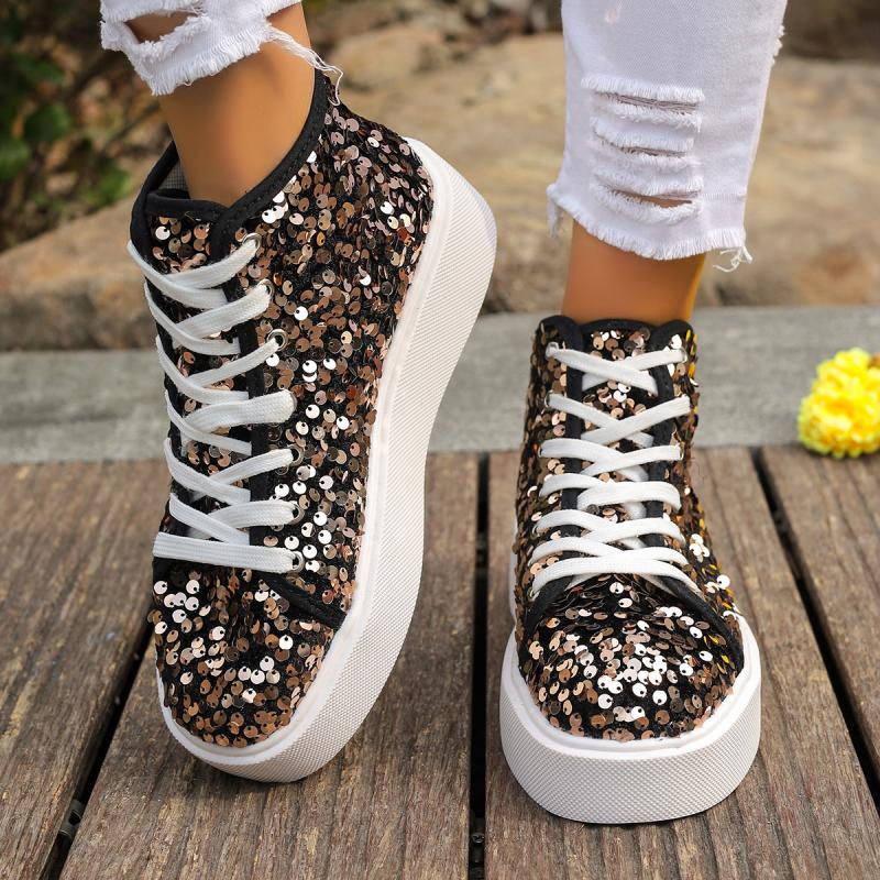 Fashion Luxury Sequined Thick Bottom Skate Shoes Women 2025 Autumn Round Toe Lace Up Casual Shoes Comfort Soft Sole Non Slip Sneakers