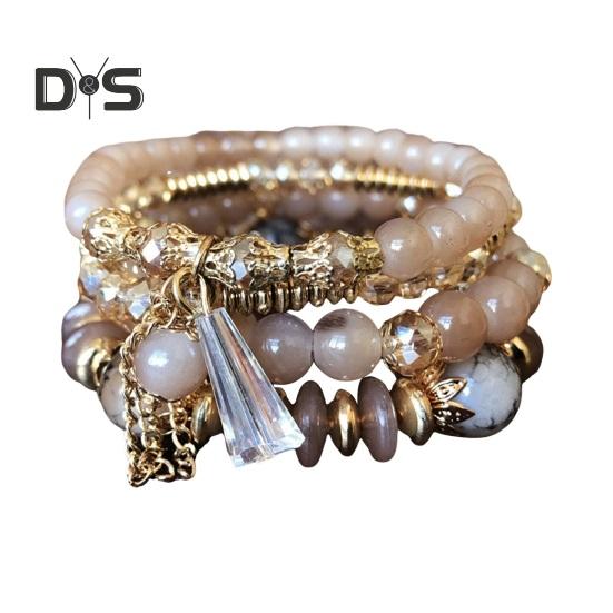 5-teiliges Damen-Armbandset mit Kunstkristallen, glatt, mit mehreren Anhängern, Schmuck im Retro-Boho-Stil mit elastischer Kordel, mehrlagiges stapelbares Armbandset