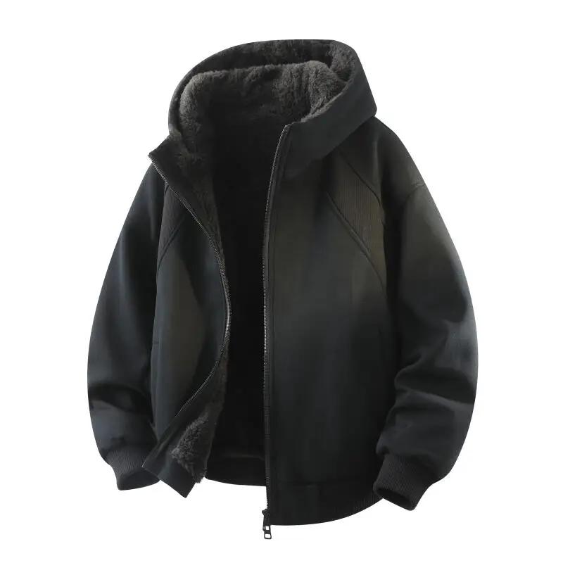 2025 Autumn Winter Fashion Men Solid Color Thick Warm Jacket Men Casual Loose Hoodies Male Hooded Fleece Sweatshirts