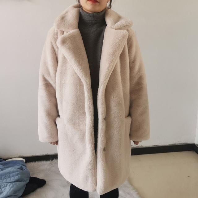 Chaqueta de piel sintética de otoño e invierno para mujer, abrigo con cuello de traje grueso, abrigo de manga larga de Color sólido