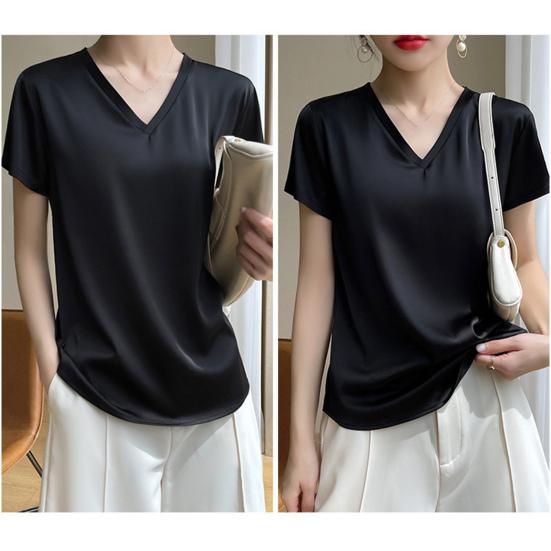 Women Summer Top V-neck Solid Color Soft Comfortable Short Sleeves Daily Wear Pullover OL Commute Satin Women T-shirt Female Clothes