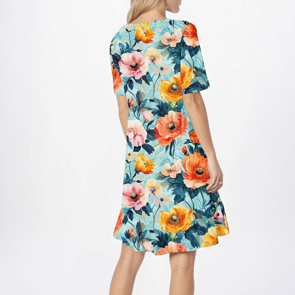 Damen Casual Rundhals Kurzarmkleid Lockeres Taillenplisseekleid Taillenplisseekleid