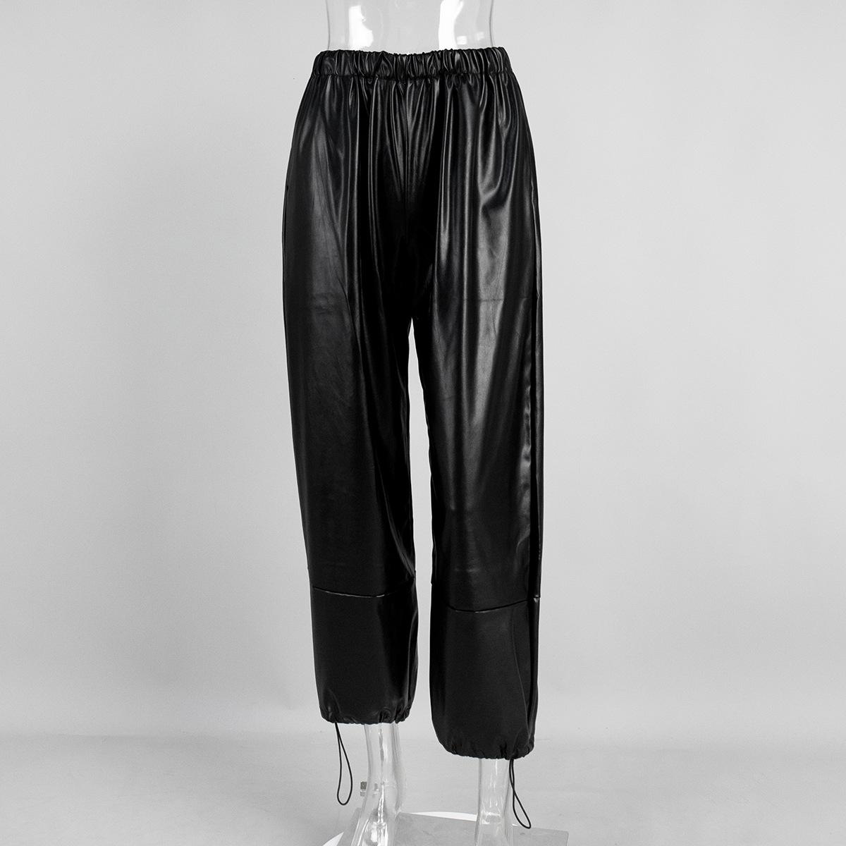 Drawstring Tied Leg Lantern Pants, Loose Leather Pants, PU Leather Pants For Women S