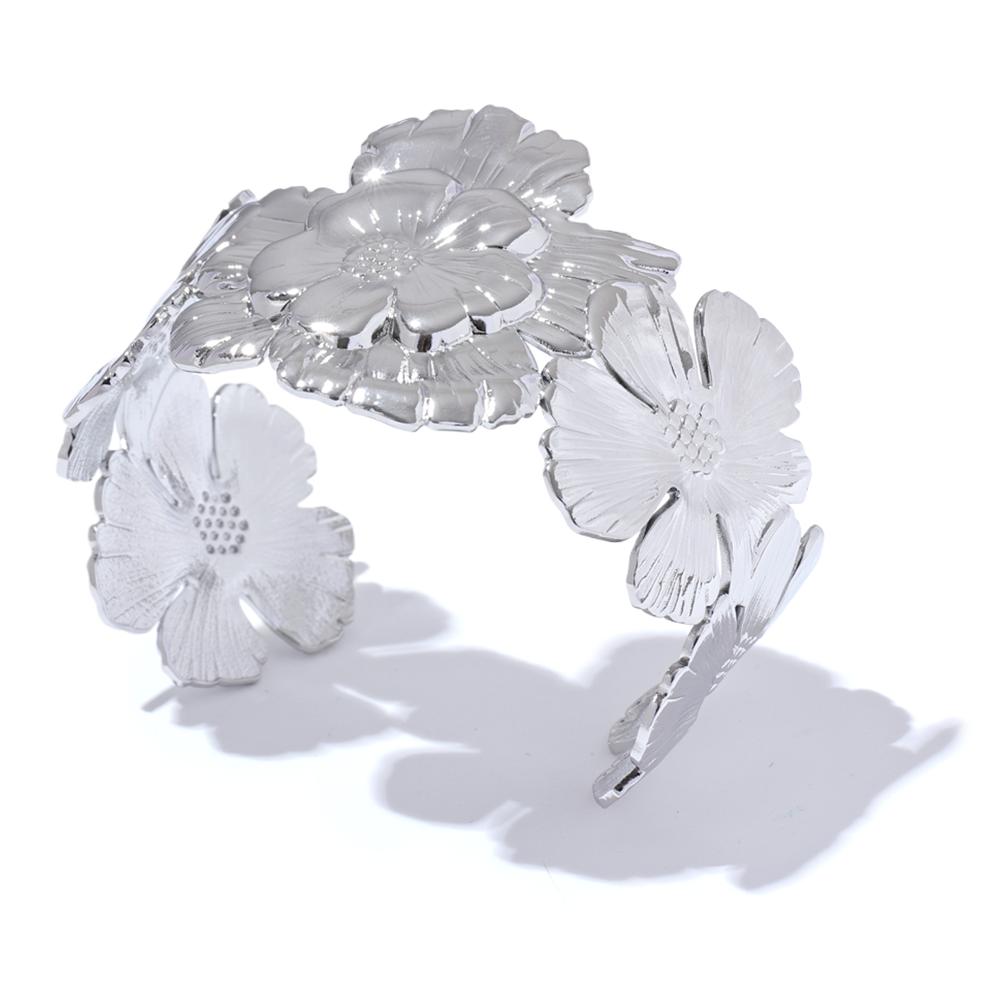 

Yhpup Personalized Stainless Steel Flower Wide Cuff Open Wrist Bracelet Bangle Water Resistant Texture Metal Charm Jewelry New
