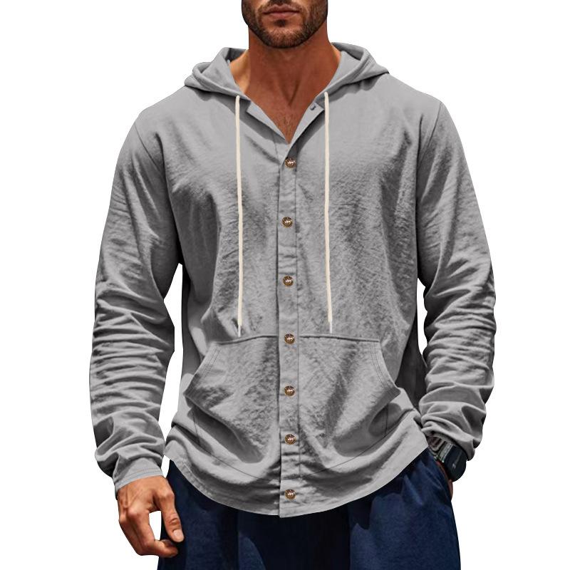 

Spring Autumn Loose Men s Shirt Loose Linen Casual Simple Hooded Long Sleeve Lining Single Breasted Button XXXL сірий