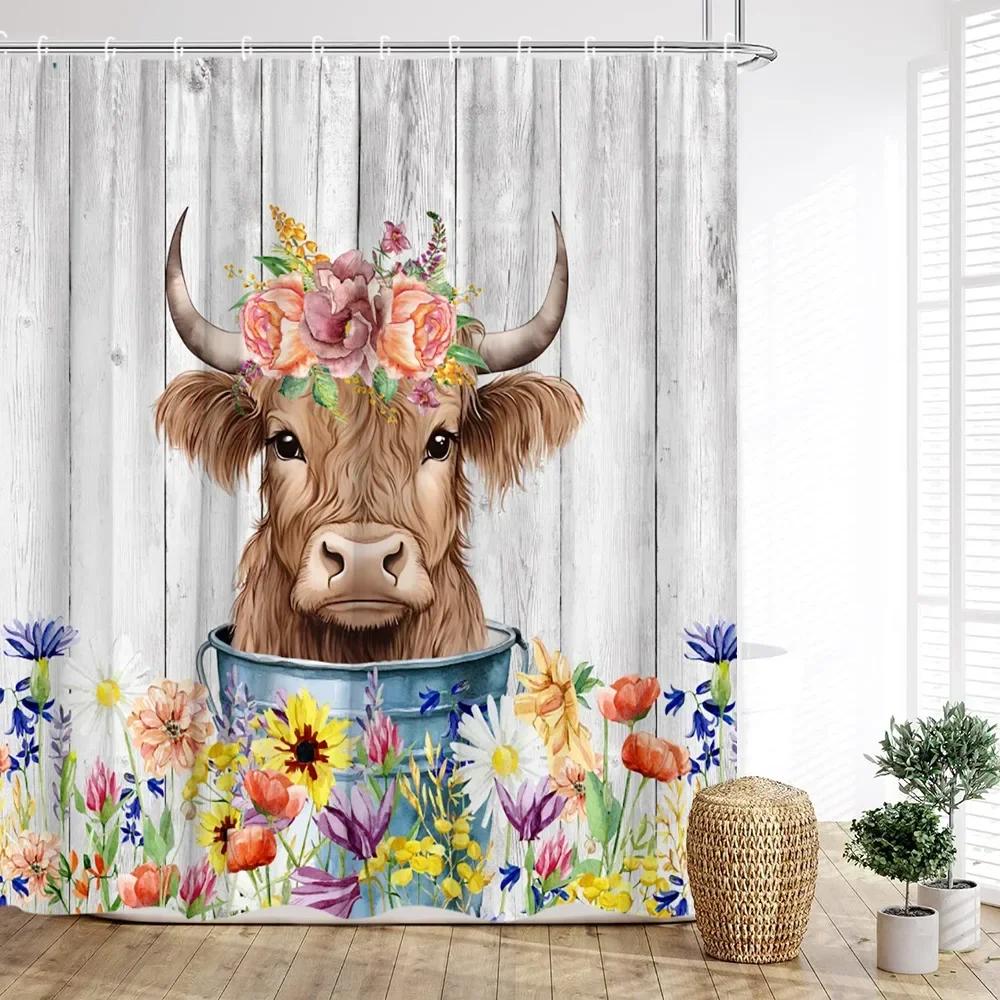 Cow Shower Curtain, Farm Animals Watercolor Spring Cartoon Rustic Plank Flower Butterfly Barrel Sunflower Cowboy Bathroom Decor