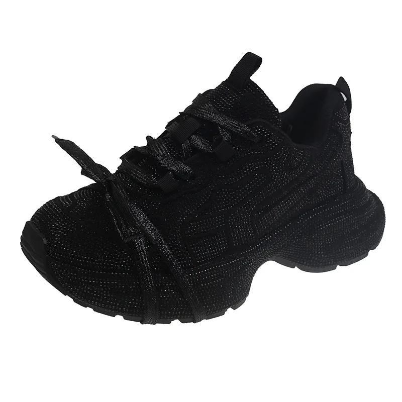 

Мода 2025 Женские кроссовки «папины» Сверкающие стразы Толстая подошва Повседневные спортивные Мигающие Осенние Резиновая подошва Не выше щиколотки 42 чёрный