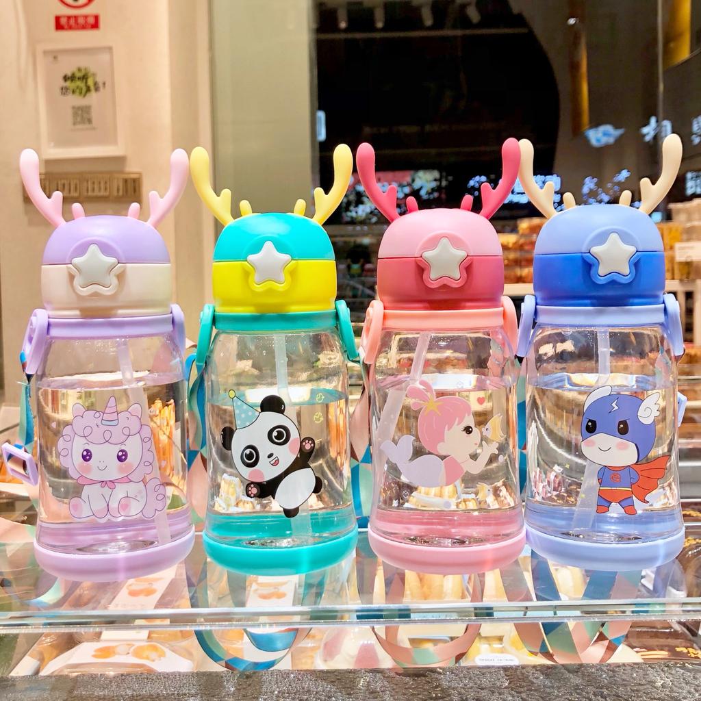 Large Capacity Kids Water Bottle for School Children Cartoon Backpack Strap Straw Cup 500ml KTY