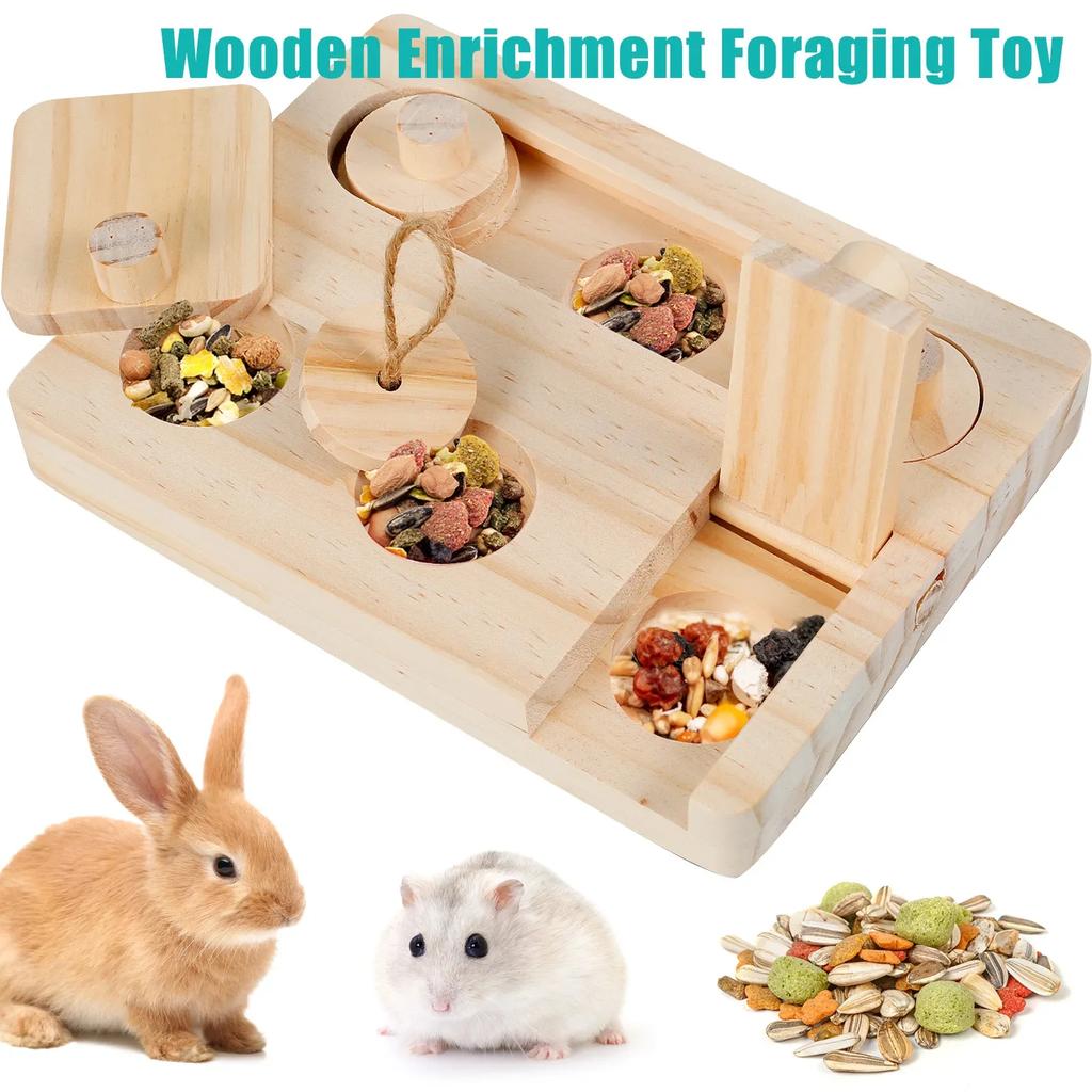 Holz Enrichment Futtersuchspielzeug 6 in 1 Haustier Hamster Futtersuche Futterspender Spielzeug Puzzlespiel Fütterungsspielzeuge für Kaninchen Hamster Chinchilla Haustier