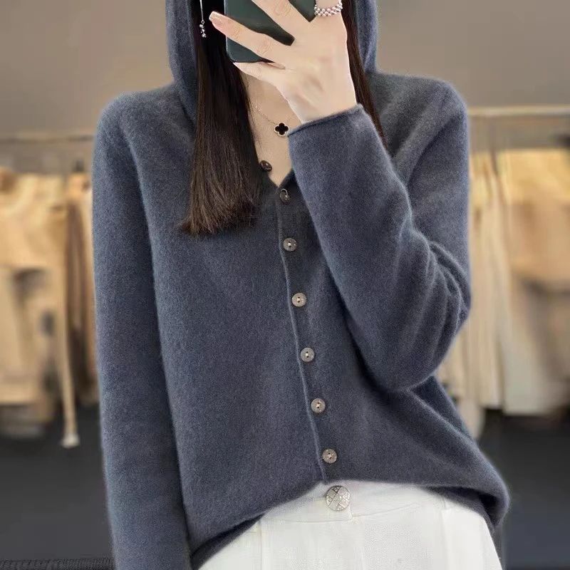 First Line 100% Merino Wool Knitted Cardigan Women's Autumn and Winter Hoodie Loose Sweater Fashionable Versatile Coat