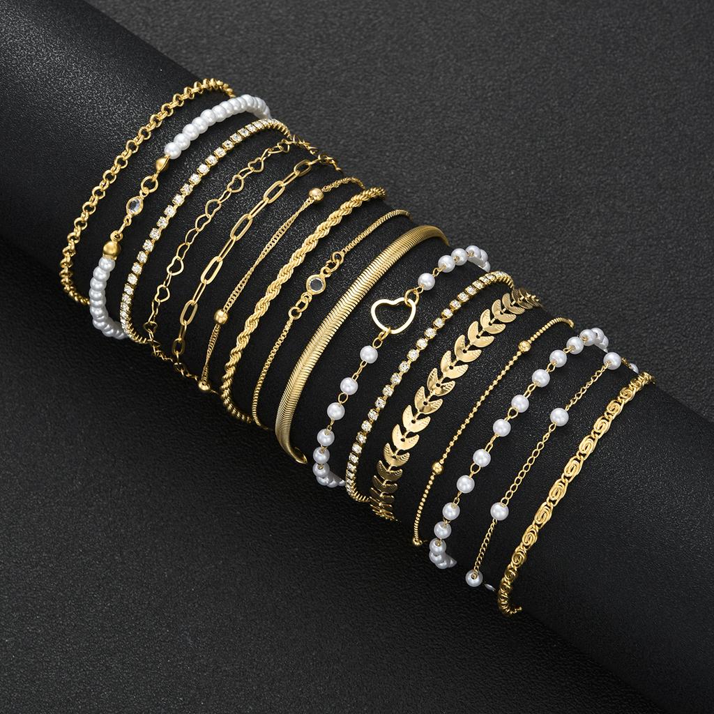 16pcs Minimalist Heart Pearl Rhinestone Snake Chain Bracelet Set for Women Elegant Gold Color Dates Vacations Daily Wear Jewelry