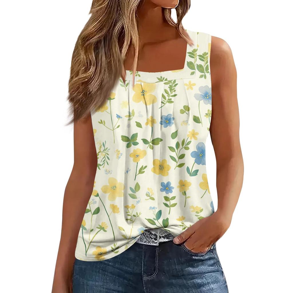 Women's Fashion Casual Pleated Square Collar Sleeveless Vest Print Summer T-shirt