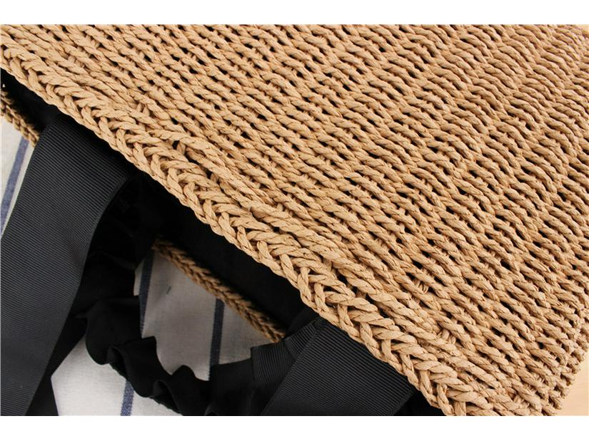 Women's Casual Beach Tote: Solid Color Handheld Paper Rope Bag with Ribbon Handle