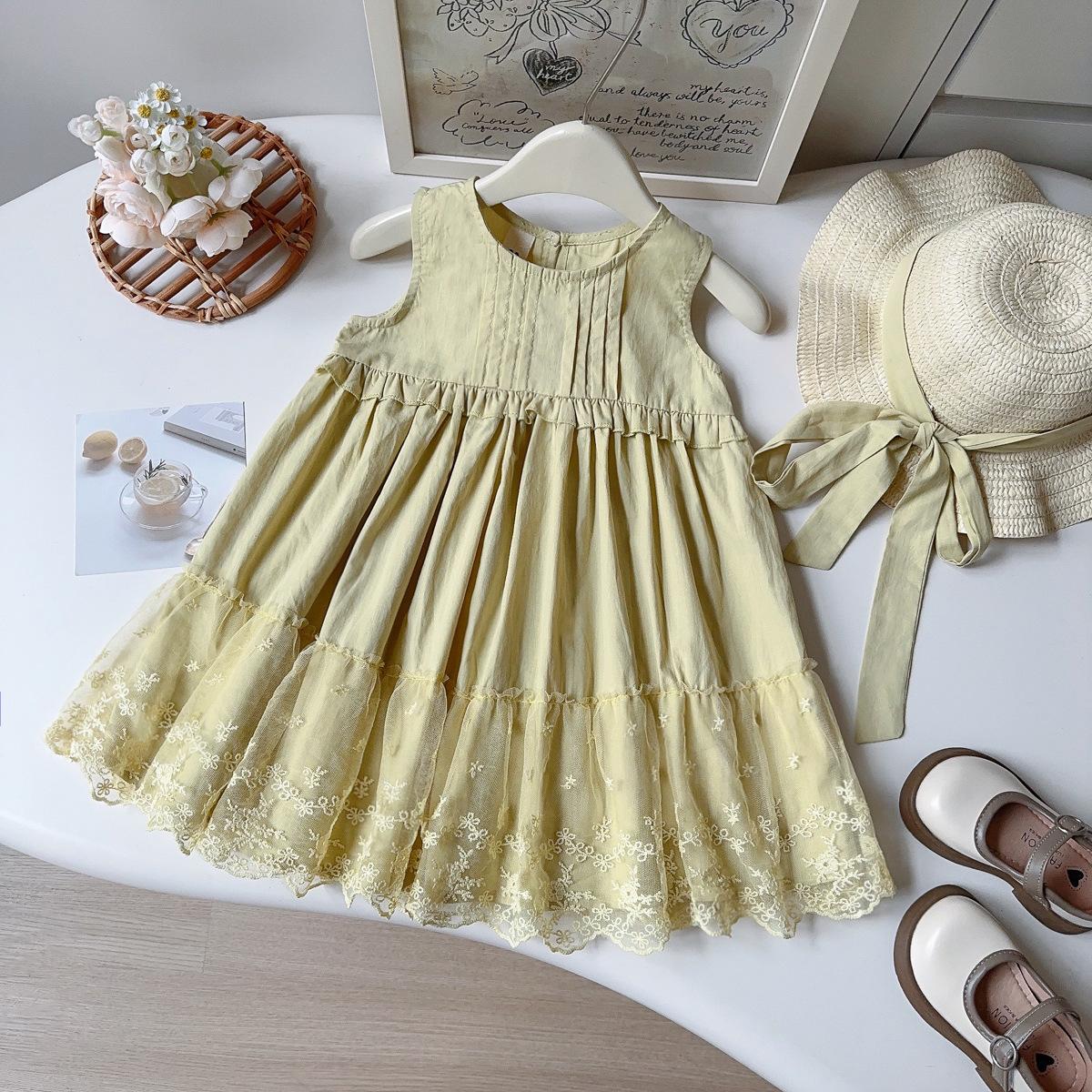 Summer Girls Embroidered Mesh Lace Trim Tank Dress Vacation Sleeveless Sundress for Kids 90cm