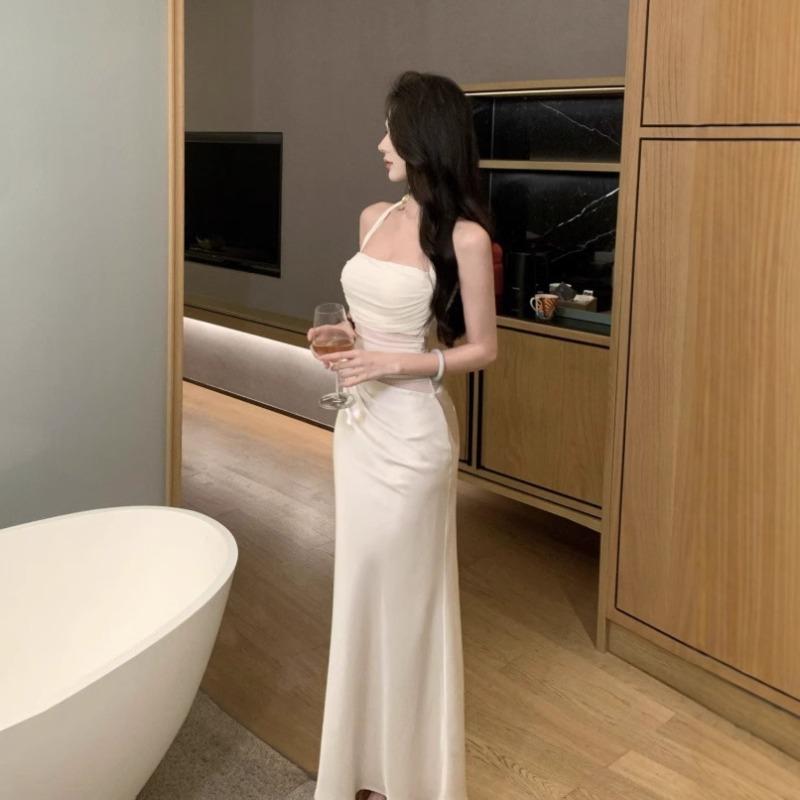 Summer New Mesh Satin Splicing Neck Dress Women's Waist and Thin Hip Dress Suspender Skirt