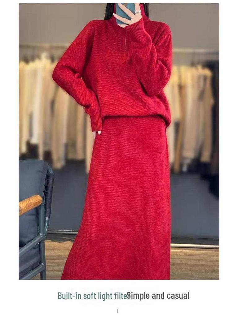 Autumn/Winter 2025 Knitted Zipper High Neck Two-Piece Set with Long-Sleeve Top & Over-the-Knee Skirt