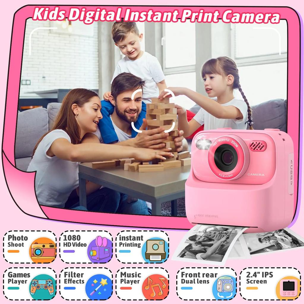 Kids Camera Instant 1080P HD Dual Lens Selfie Digital Camera for Girls Boys Christmas Birthday Gifts Toys With 32G Print