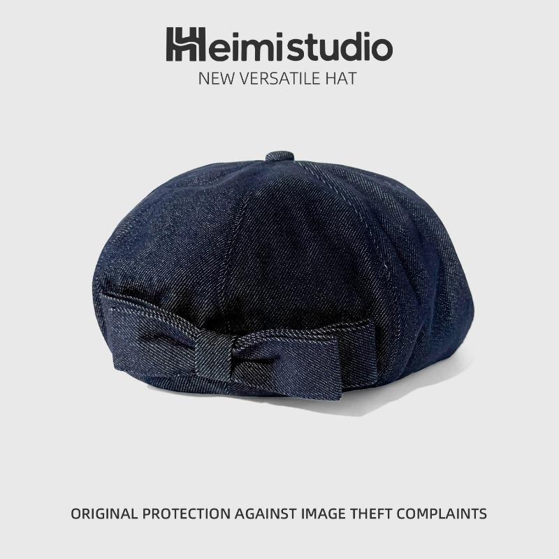 25 Early Autumn New Bow Denim Beret Children's Metal Label Adjustable Painter Hat Tide
