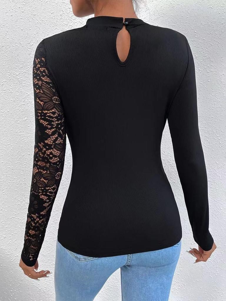 Streetwear Lace Spliced Long Sleeve T Shirt For Women With High Neck And Soft Acrylic Fabric