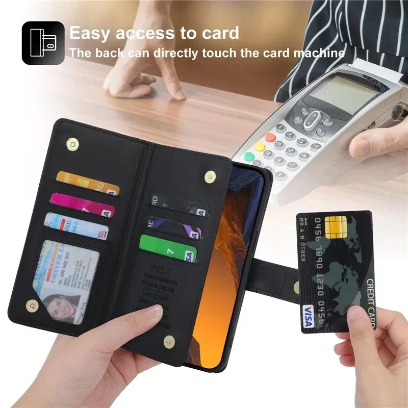 Multi 9 Cards Wallet Case for Samsung Galaxy A56 A36 A26 A16 A06 S25 Ultra S24 A55 A35 A15 Zipper Leather Wrist Strap Flip Cover