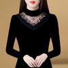 Maglietta a maniche lunghe in pizzo nero da donna autunno inverno, taglie forti, parte superiore interna