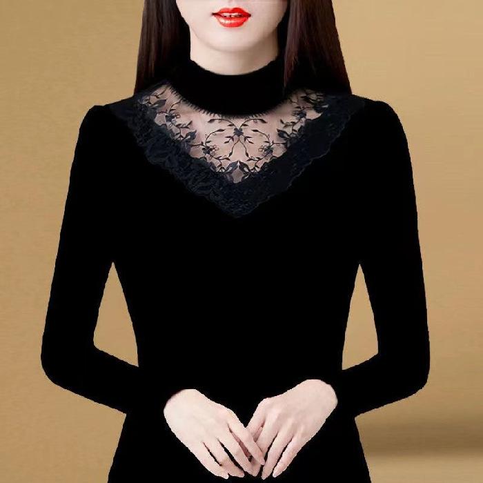 Maglietta a maniche lunghe in pizzo nero da donna autunno inverno, taglie forti, parte superiore interna