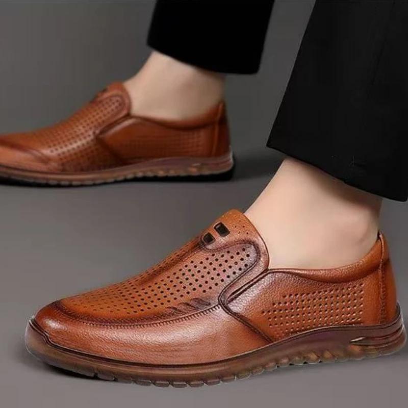 Fashion Outdoor Plain Black Male Casual Shoe Soft Mesh Oxfords Summer Sale Cowhide 2025 Trend On Retro Slip-on Pu Men's Leather Shoes