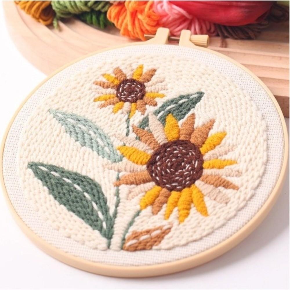 Yarn Thread Tulip Sunflower Punch Needle Kit with Hoop Rug Punch Kit DIY Embroidery Kit