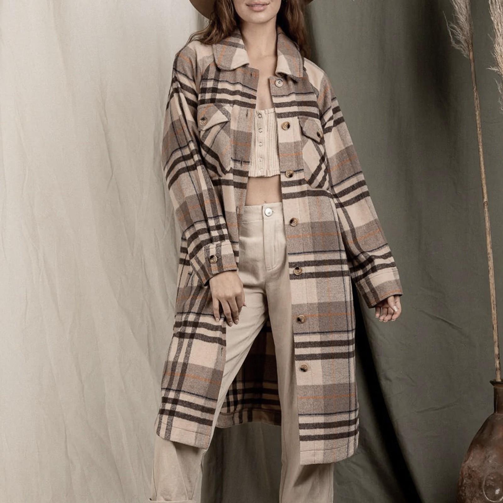 

Женская зимняя мода с лацканами, большим карманом, длинным рукавом, клетчатый кардиган S коричневый