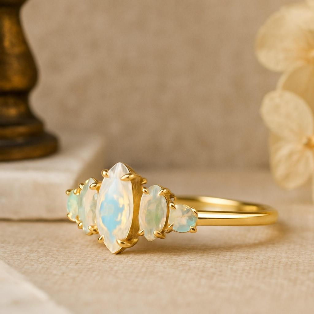 Marquise & Round Opal Ring – Yellow Gold Plated 925 Sterling Silver Bridal Wedding Band – October Birthstone Jewelry Gift for Her