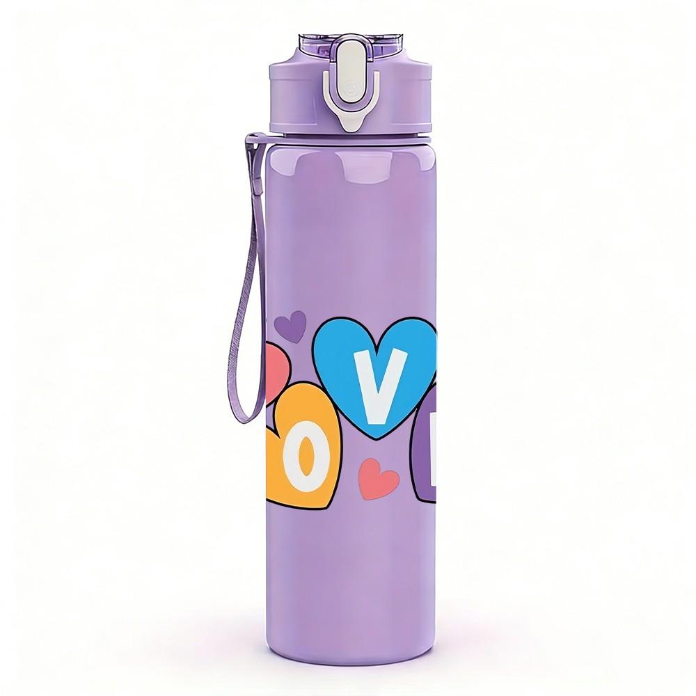 1PC Love Word Multicolor Heart Doodle Design 750ml Color Plastic Sports Water Bottle Leakproof Flip Straw Lid Suitable for Sports Office Home Use