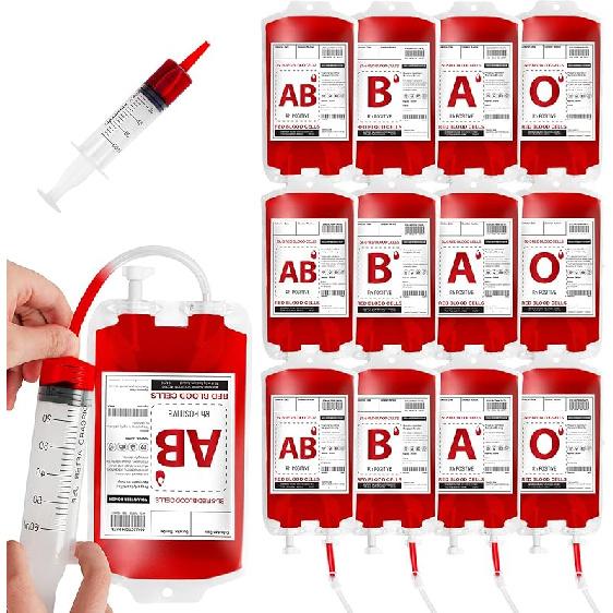 Blood IV Bags for Drinks 12 Packs Reusable Container Drinks Pouches for Halloween Vampire Zombie Theme Party Decoration Supplies with Syringe and 12 bags/clips,1 syringe