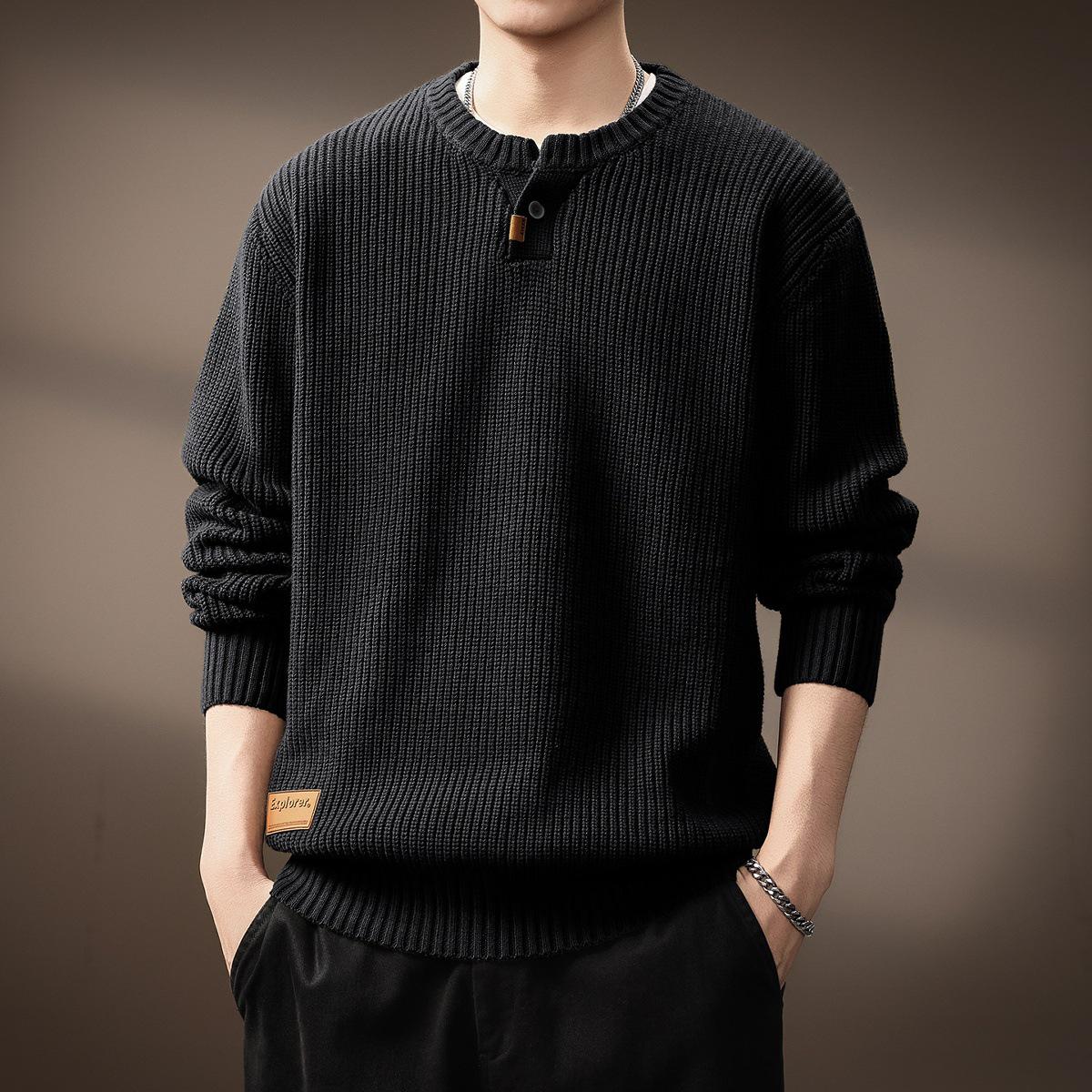

Men s High-End Retro Henley Sweater: Thick, Warm, Loose-Fit Vertical Stripe Knitwear for Autumn/Winter M (100-120 jin)