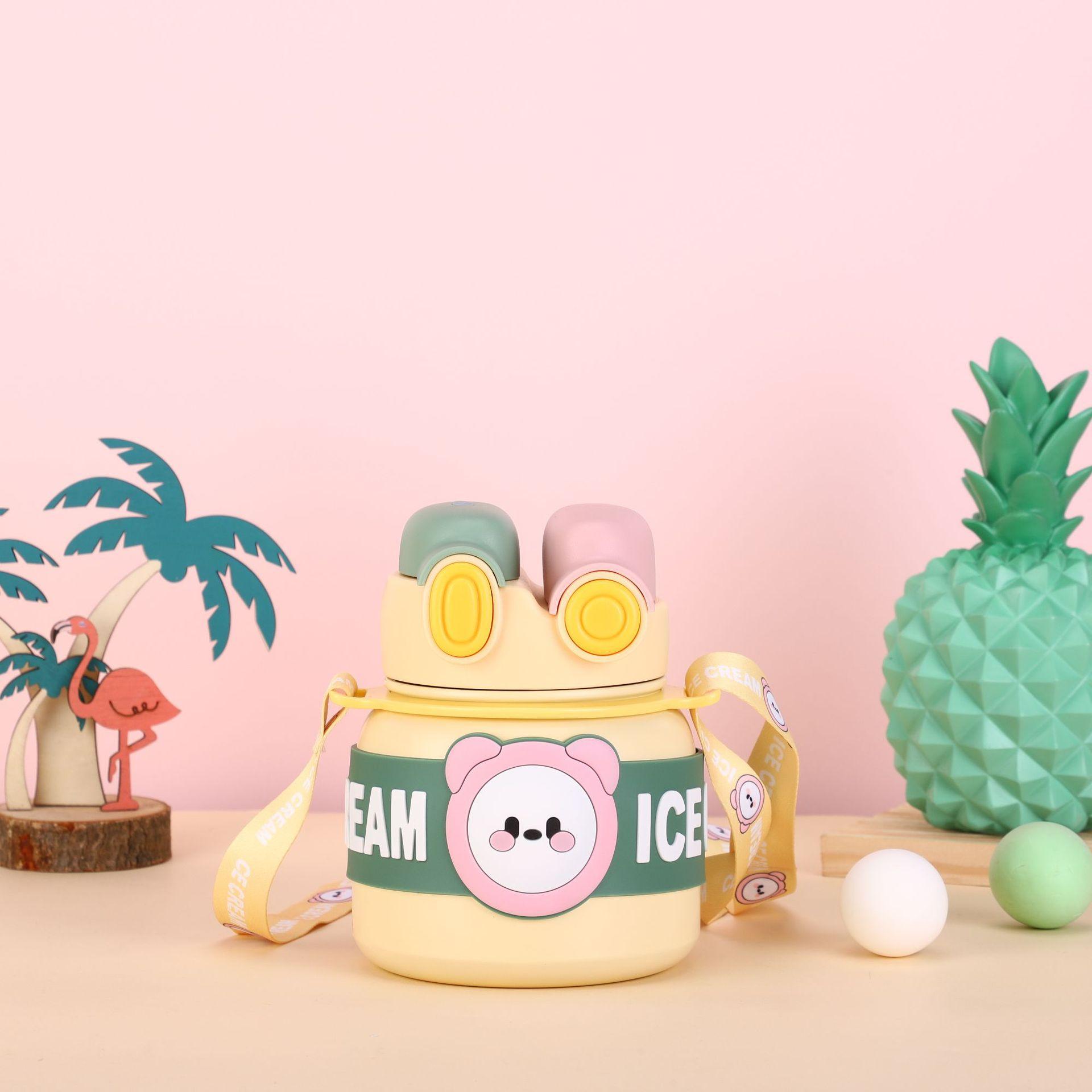 

Детский термос из нержавеющей стали 316, большой емкости с героями мультфильмов, двойные чашки для питья с ремнями, портативный спортивный горшок для улицы 850ml жёлтый