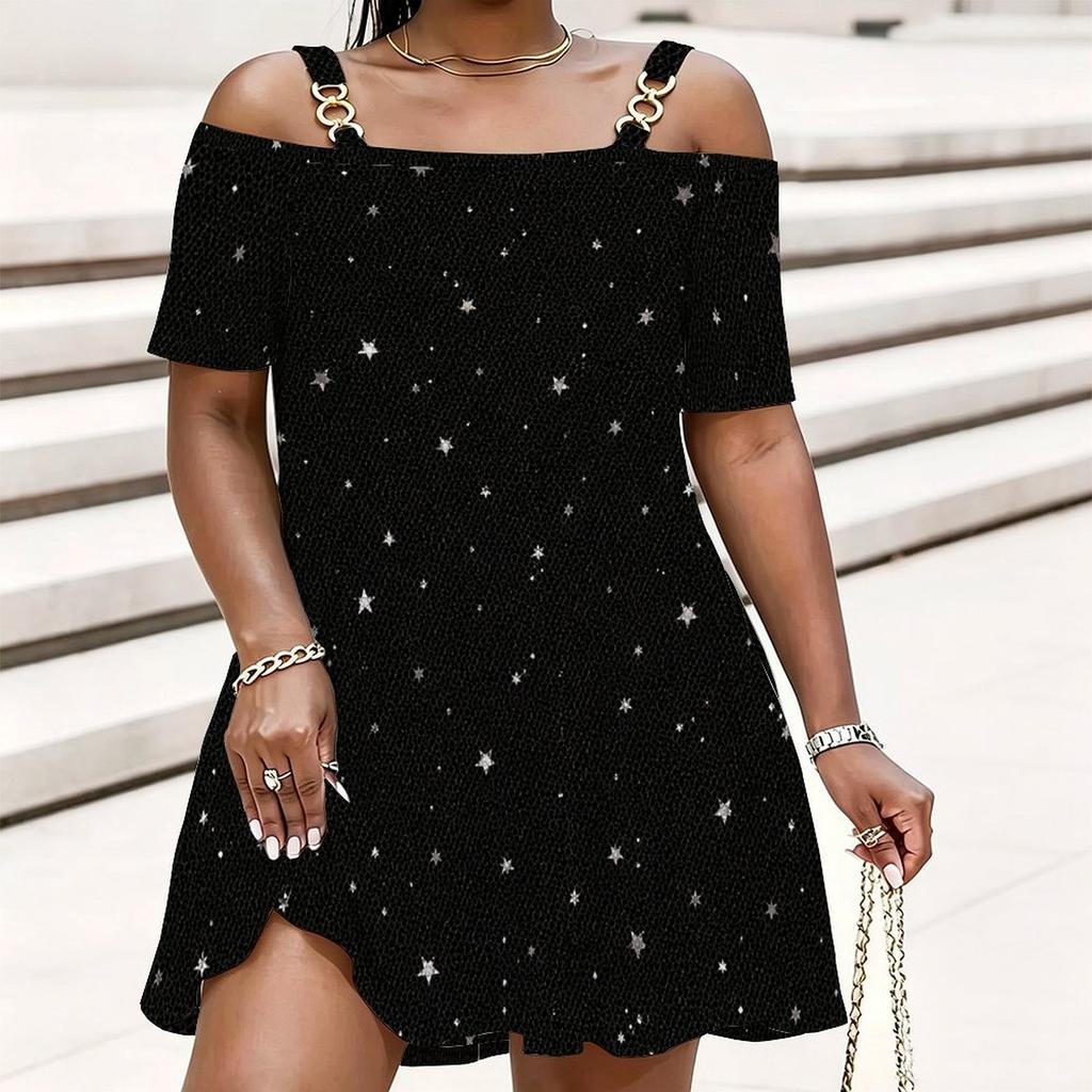 Women Plus Size Cold Shoulder Chain Straps Short Sleeve Smiley Face Printed Pink Loose Dress