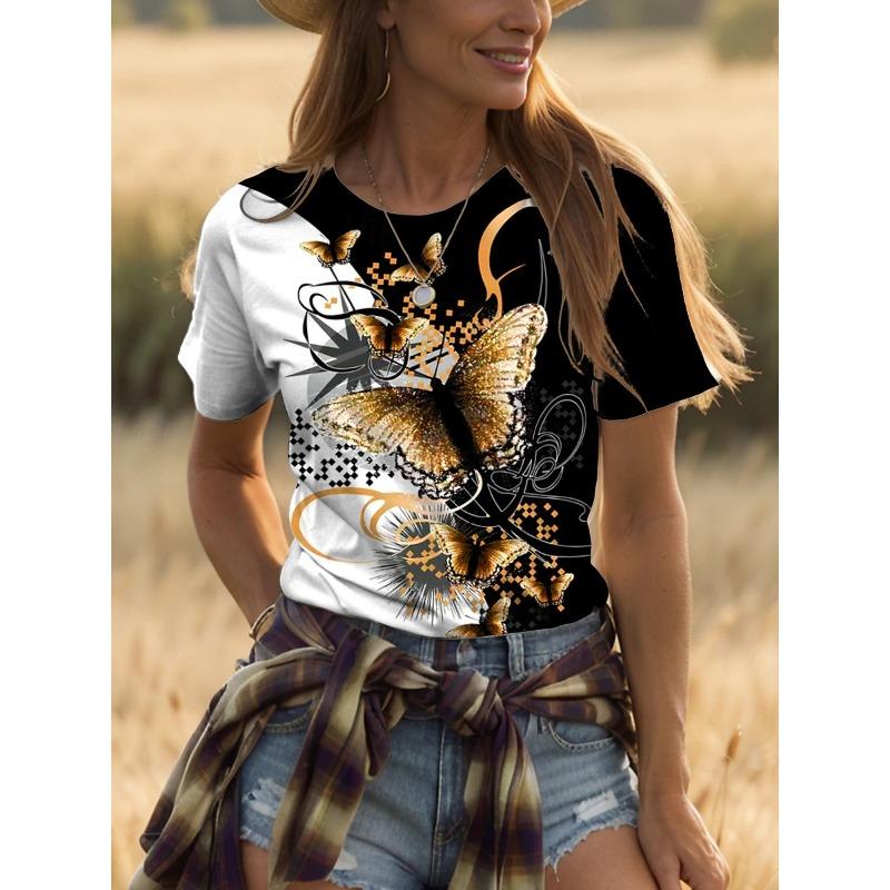 Ladies Print 3D T-shirt Round Neck Short Sleeved Soft Daily Top Comfortable Casual Shirt Fashiona Printed Design