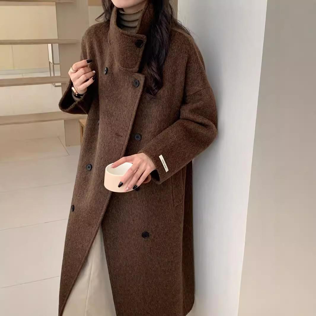 

Новое высококачественное двубортное двухстороннее шерстяное пальто с воротником-стойкой, свободное шерстяное пальто для женщин M