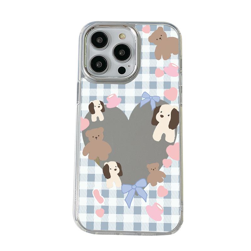 Plaid love mirror iPhone mobile phone case cartoon bear bow apple 13PM anti-drop protective case