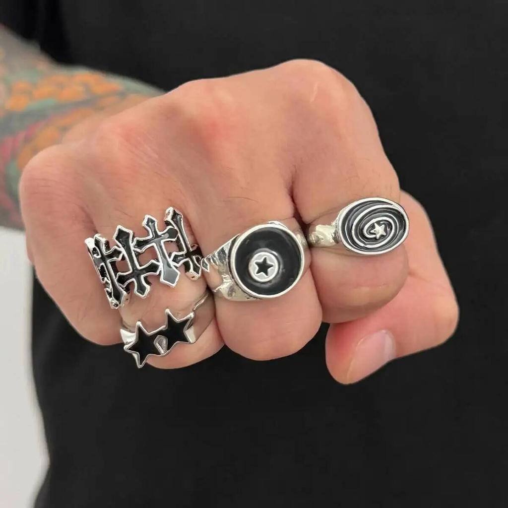 IngeSight.Z 6Pcs/Set Punk Black Pentagram Star Rings Women Men Punk HipHop Silver Color Geometric Thick Finger Ring Y2K Jewelry