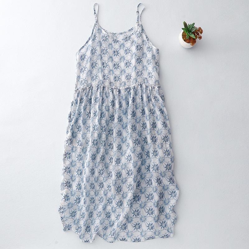 

Платье из хлопка и льна с принтом, женское, лето 2025, новый темперамент, тонкая, маленькая, свежая, без рукавов, юбка с цветочным принтом на подтяжках M орхидейный