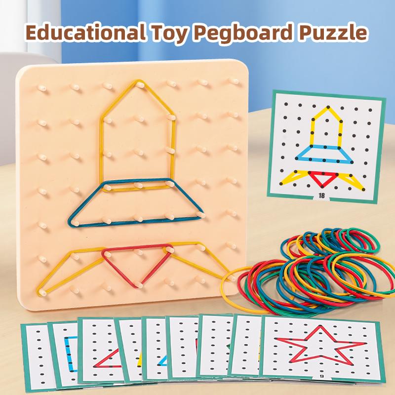 Kinder Geoboard Holz-Steckbrett Puzzle Spielzeug mit Gummibändern Musterkarten, Montessori Frühes Lernen STEM Spielzeug für Kleinkinder 3+