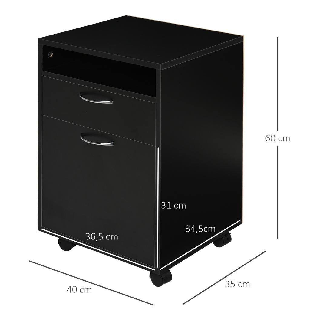 Filing Cabinet, Mobile File Cabinet with 2 Drawers, Office Home Organiser On Wheels for A4, Letter-Size File Folders, Mobile Printer with Open Shelf