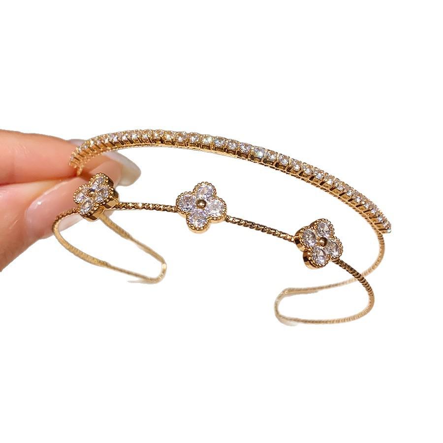 Gold Petal Zircon Flower Open Cuff Bracelet - Elegant Versatile Hand Jewelry