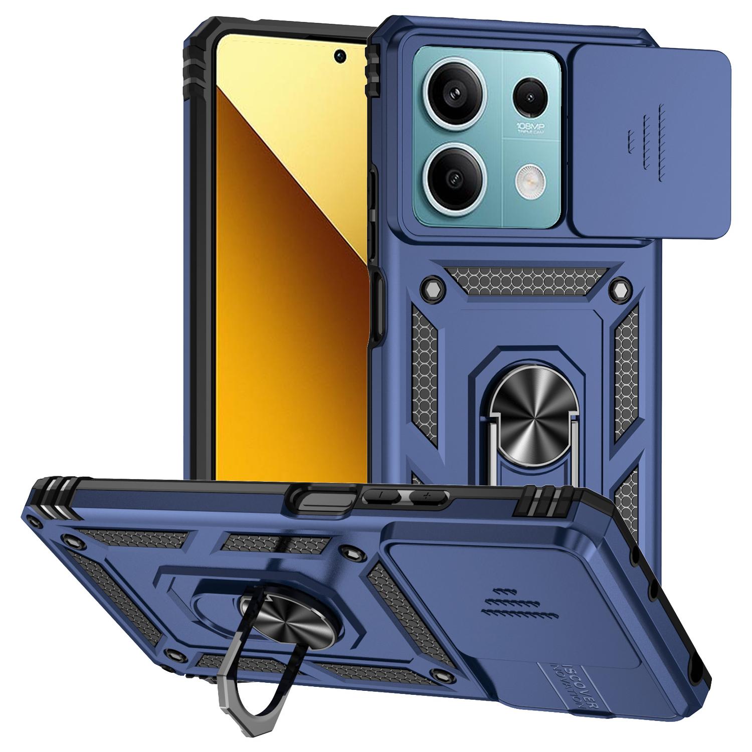 

For Xiaomi Redmi Note 13 5G Case Car Mount Kickstand PC+TPU Phone Cover Slide Lens Protection Blue